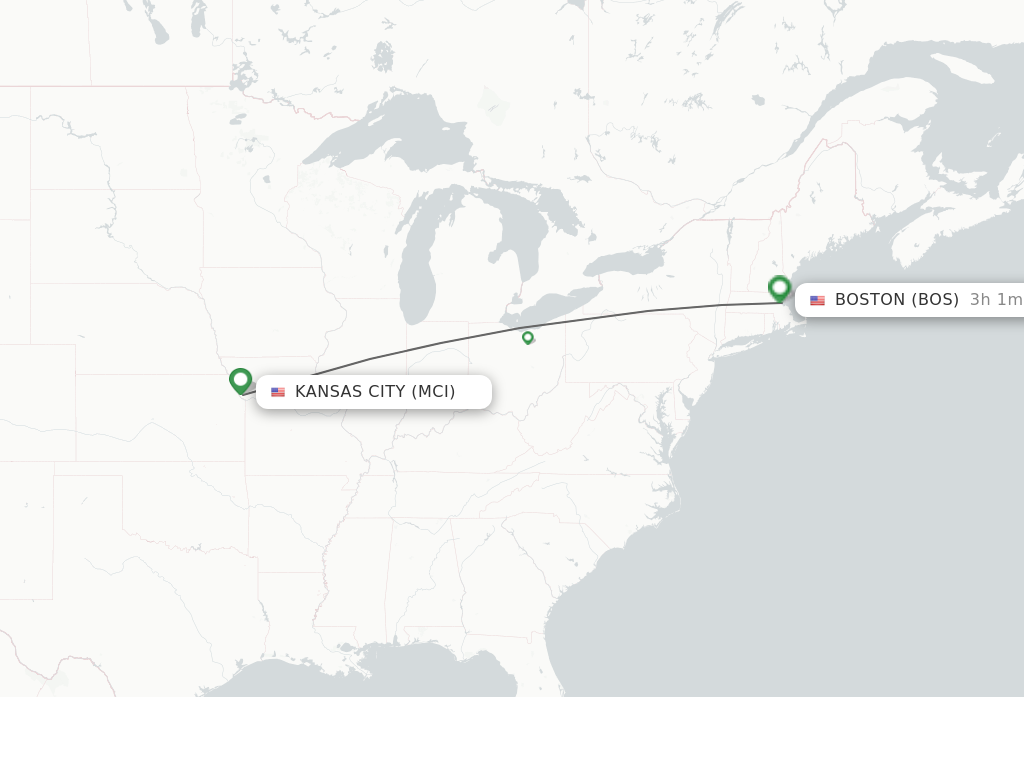 Flights from Kansas City to Boston route map