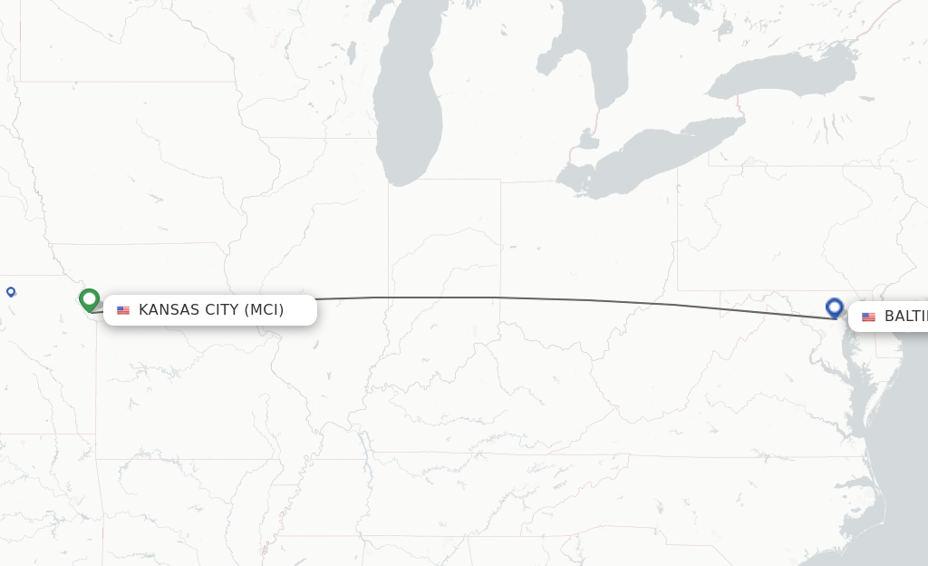Flights from Kansas City to Baltimore route map