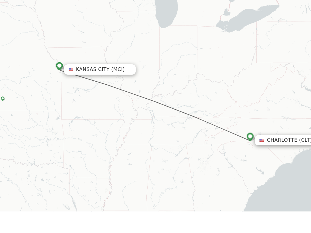Flights from Kansas City to Charlotte route map