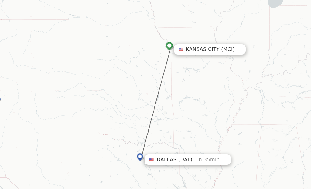 Flights from Kansas City to Dallas route map