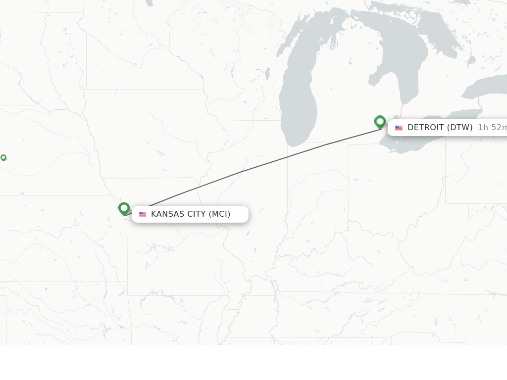 Flights from Kansas City to Detroit route map
