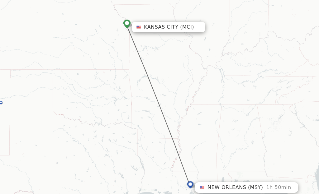 Flights from Kansas City to New Orleans route map