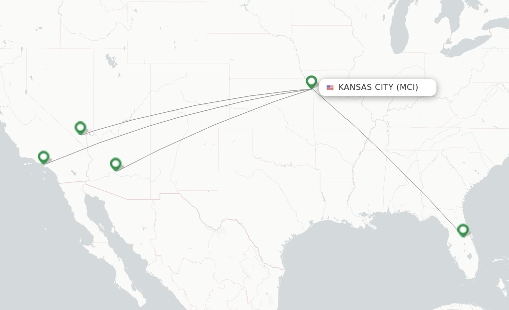 Route map with flights from Kansas City with Spirit
