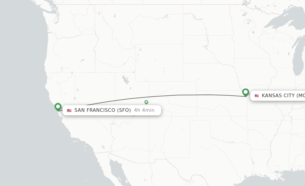 Flights from Kansas City to San Francisco route map