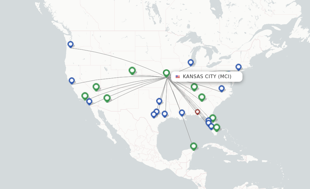 Route map with flights from Kansas City with Southwest