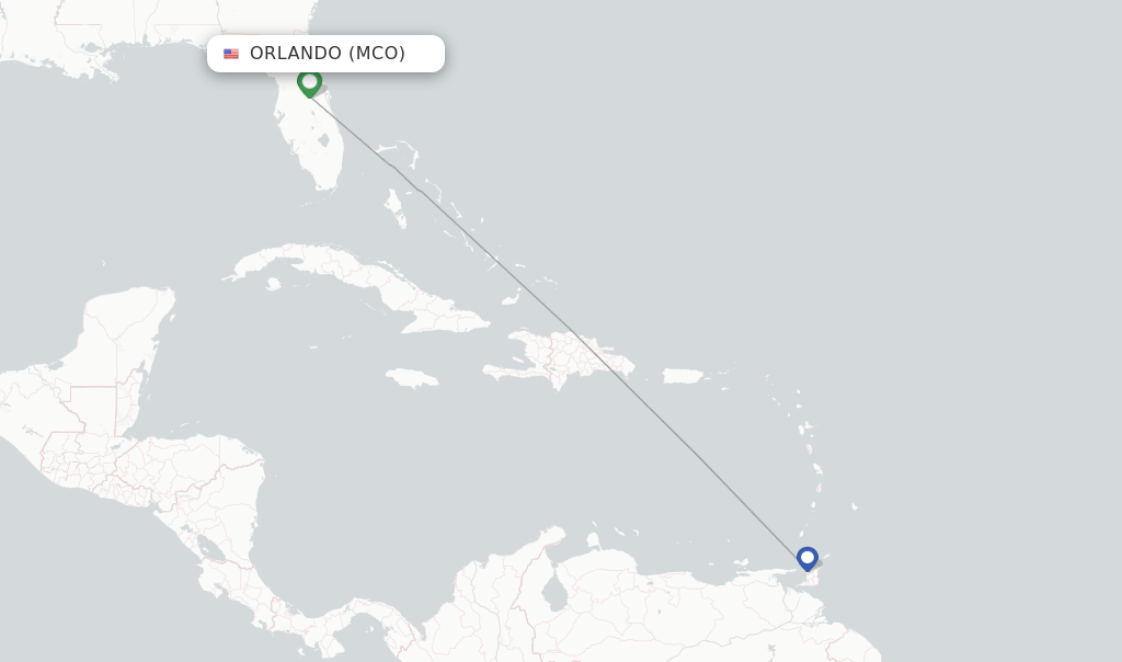 Route map with flights from Orlando with Caribbean Airlines