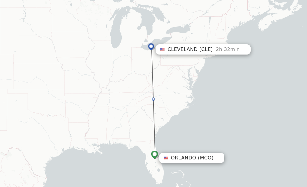 Flights from Orlando to Cleveland route map