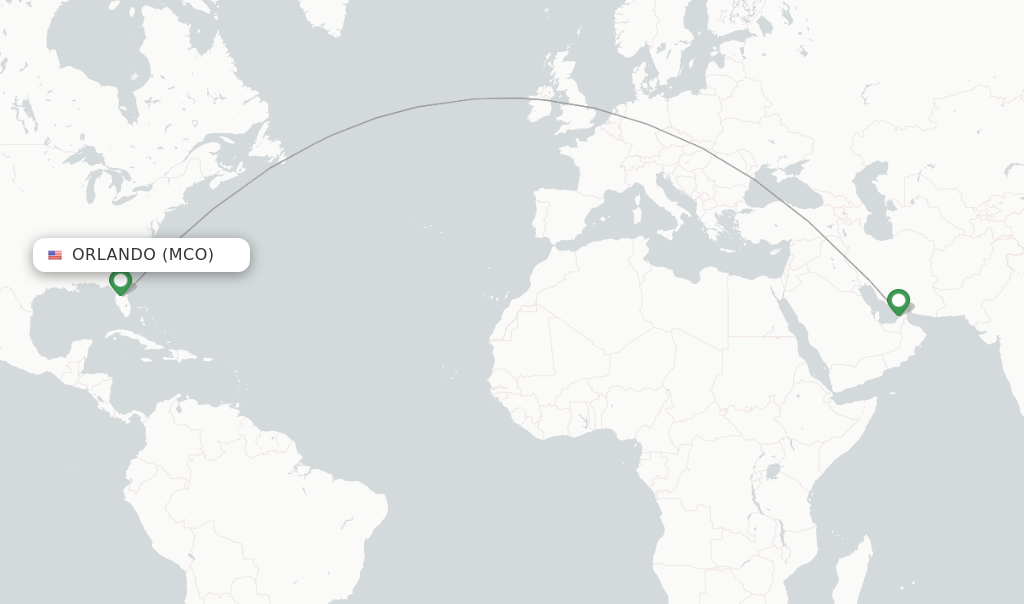 Route map with flights from Orlando with Emirates