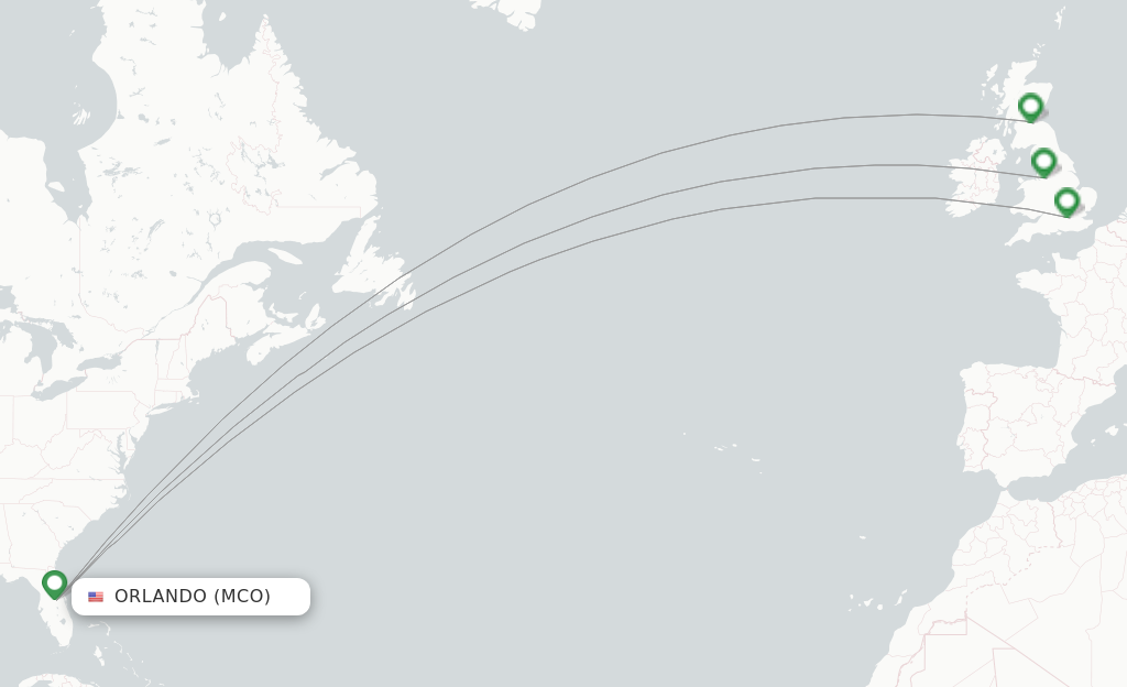 Route map with flights from Orlando with Virgin Atlantic