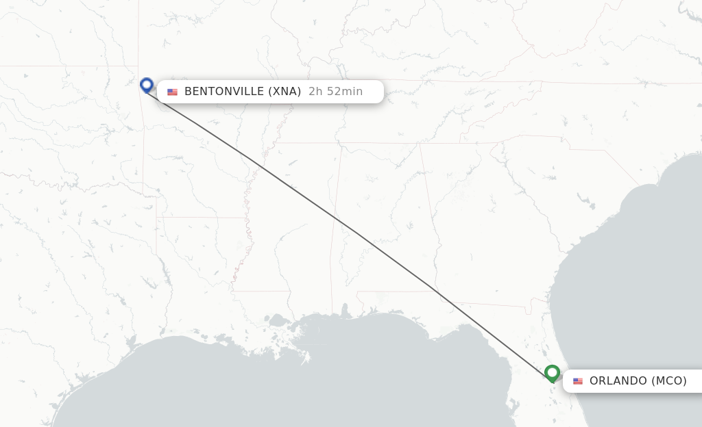 Flights from Orlando to Bentonville route map