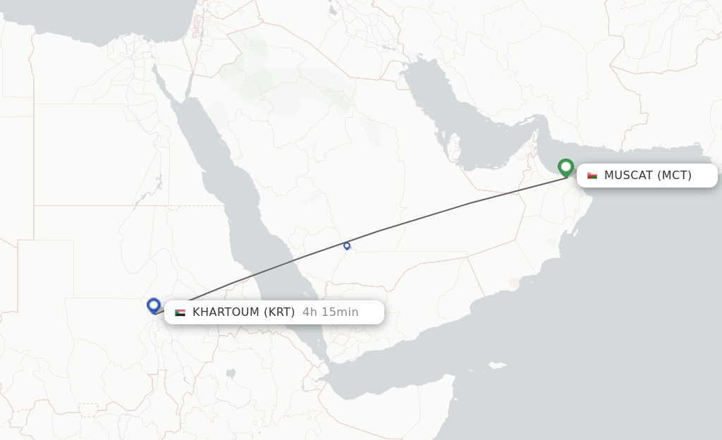 Flights from Khartoum to Muscat route map