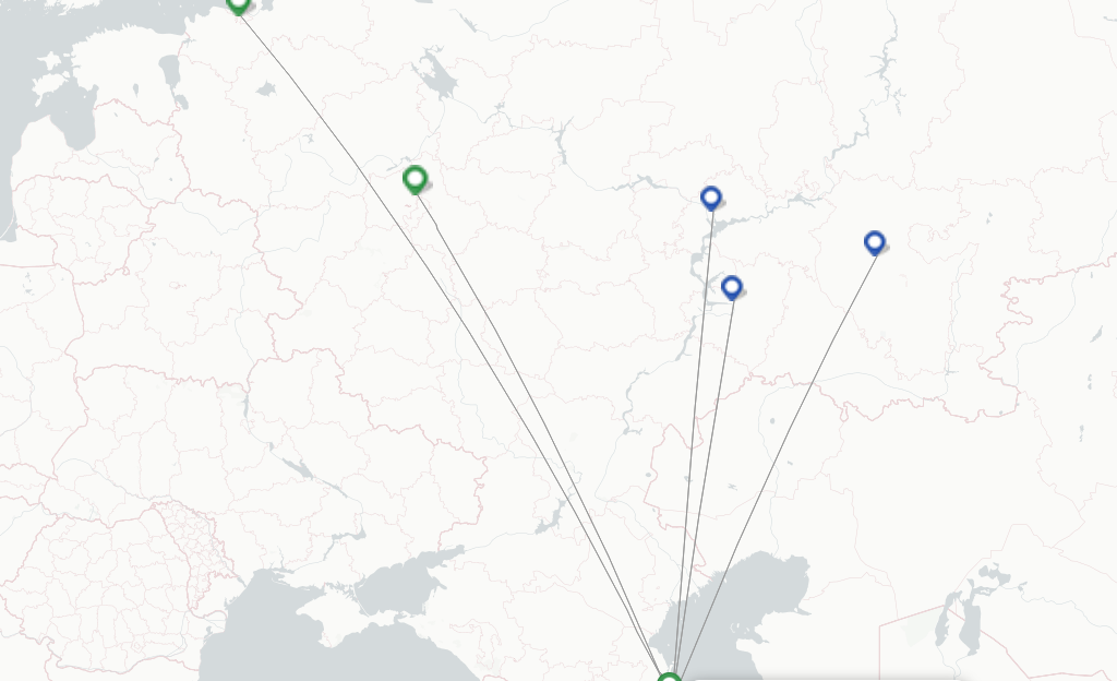 Route map with flights from Makhachkala with Nordwind Airlines