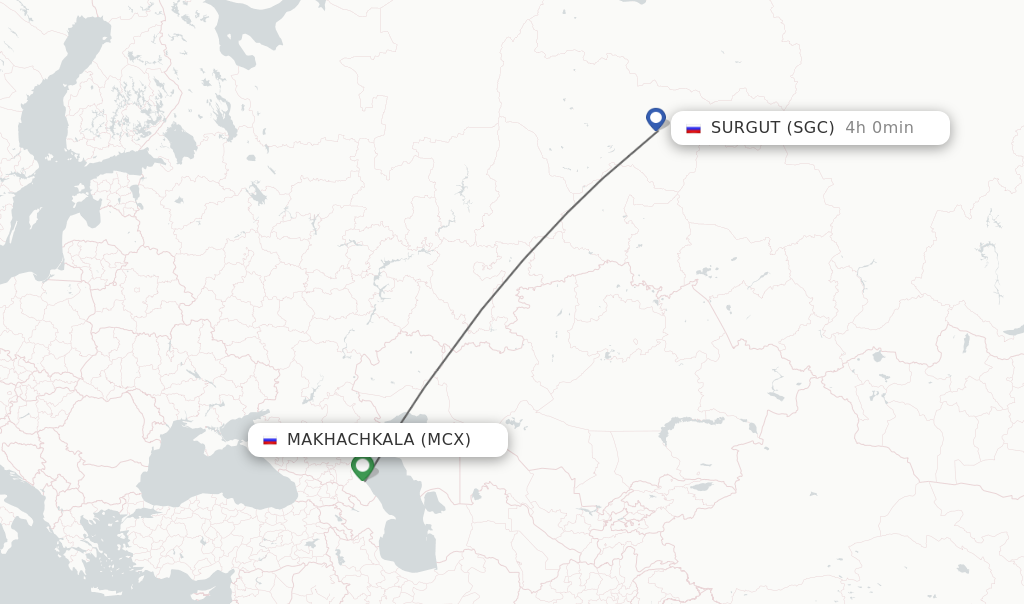 Flights from Makhachkala to Surgut route map