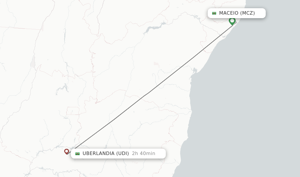 Flights from Maceio to Uberlandia route map