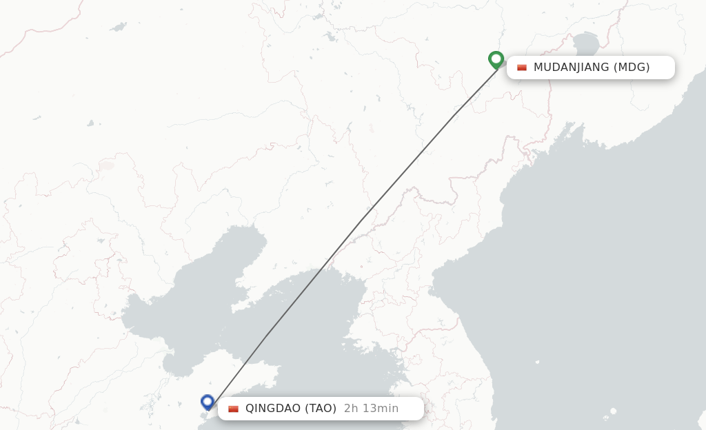 Flights from Mudanjiang to Qingdao route map
