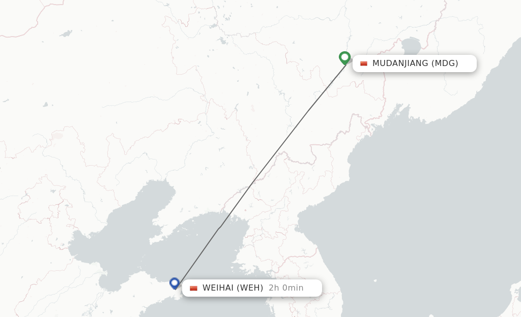 Flights from Mudanjiang to Weihai route map