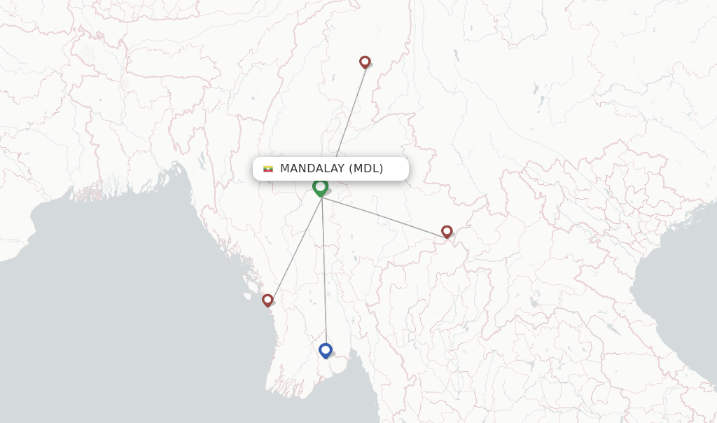 Route map with flights from Mandalay with Mann Yadanarpon Airlines