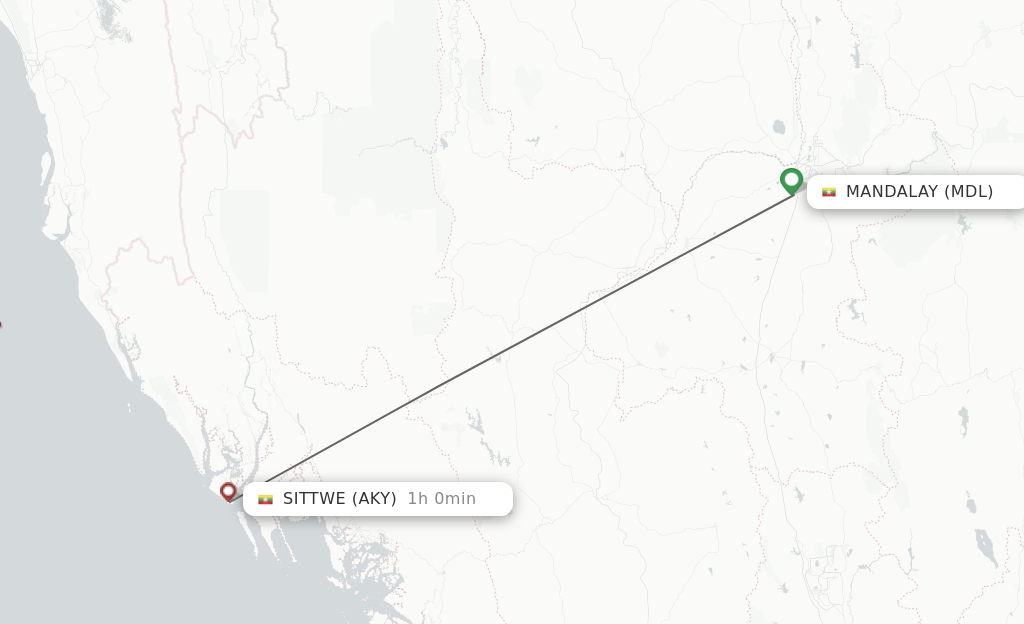 Flights from Mandalay to Sittwe route map