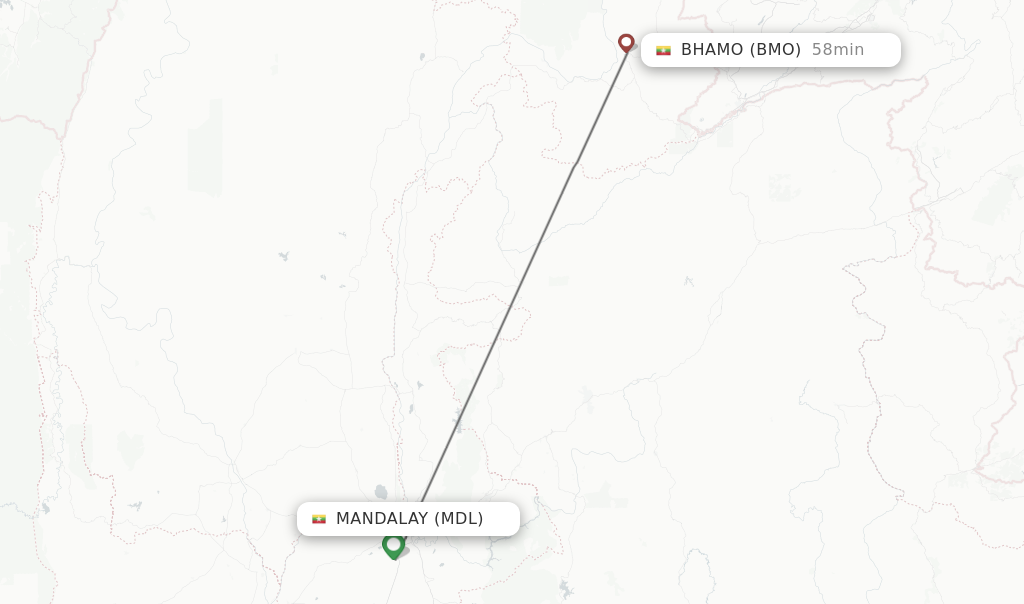 Flights from Mandalay to Bhamo route map