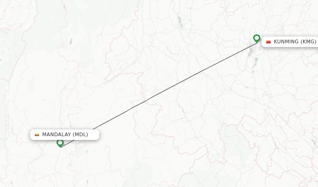Flights from Mandalay to Kunming route map