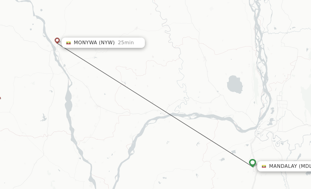 Flights from Mandalay to Monywa route map