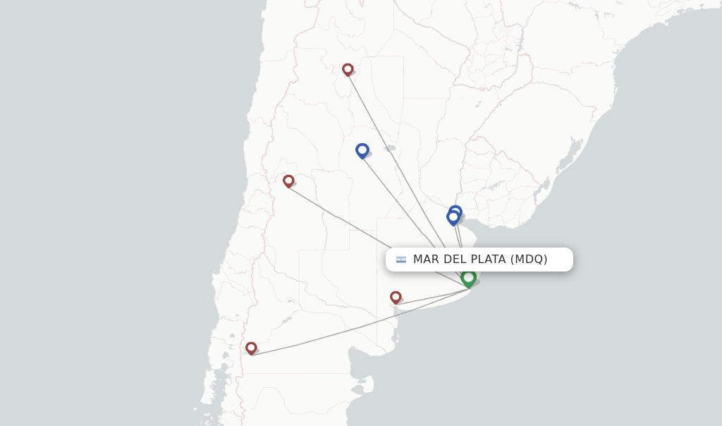 Route map with flights from Mar Del Plata with Aerolineas Argentinas