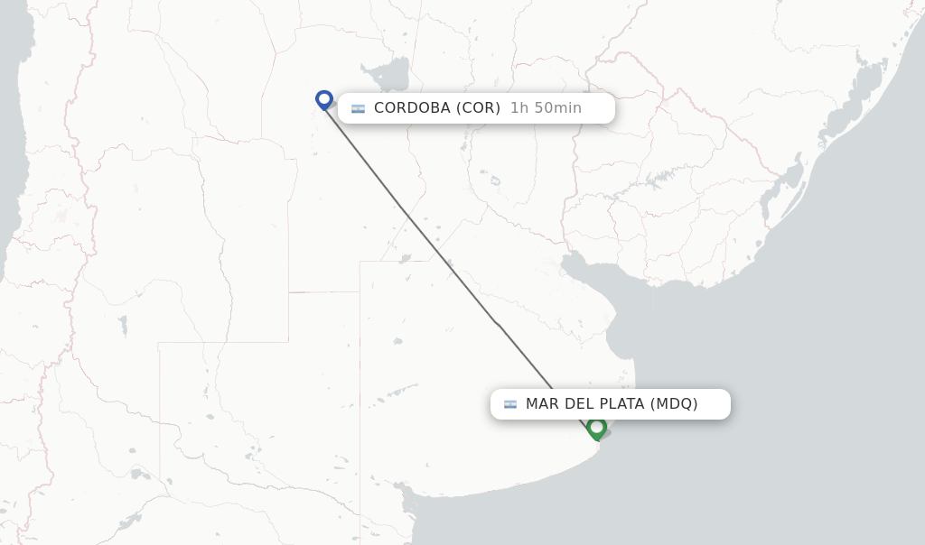Flights from Mar Del Plata to Cordoba route map