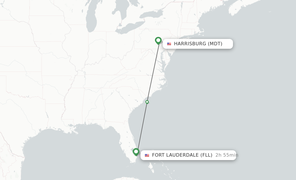 Flights from Harrisburg to Fort Lauderdale route map