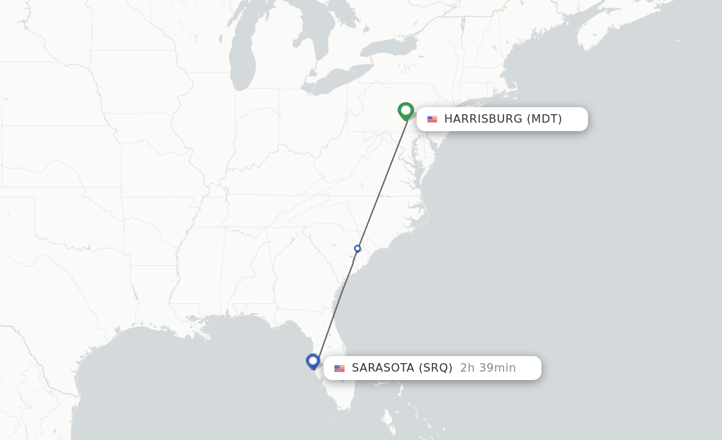Flights from Harrisburg to Sarasota route map