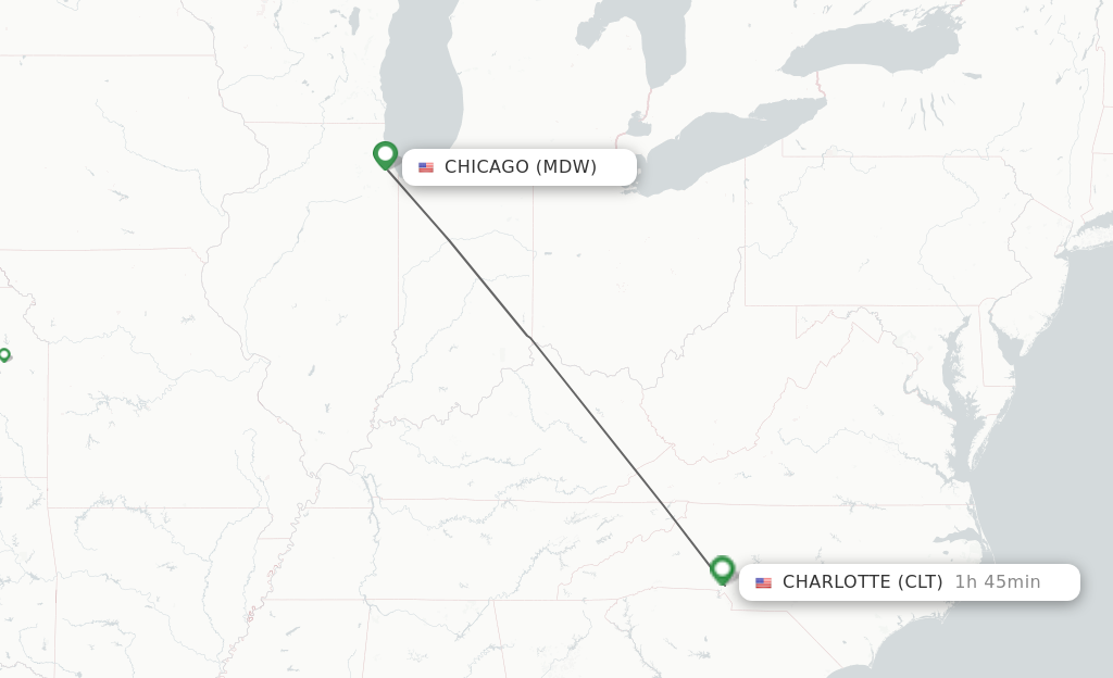 Flights from Chicago to Charlotte route map
