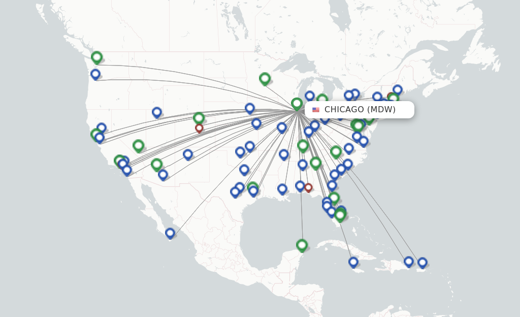 Route map with flights from Chicago with Southwest