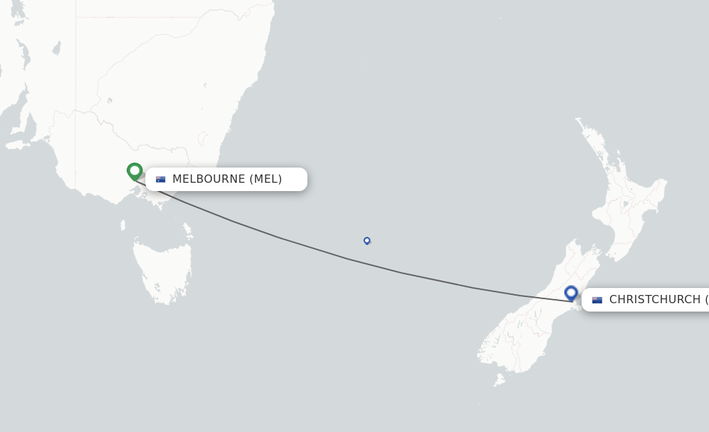 Flights from Melbourne to Christchurch route map