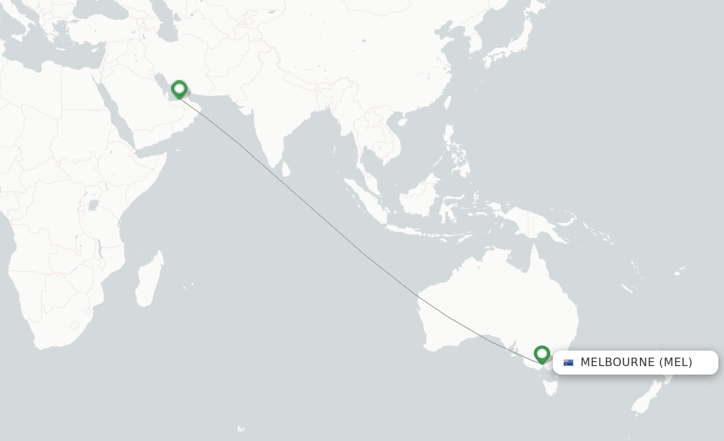 Route map with flights from Melbourne with Etihad