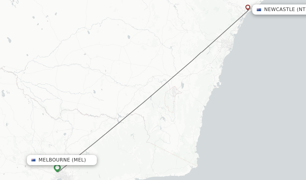 Flights from Melbourne to Newcastle route map
