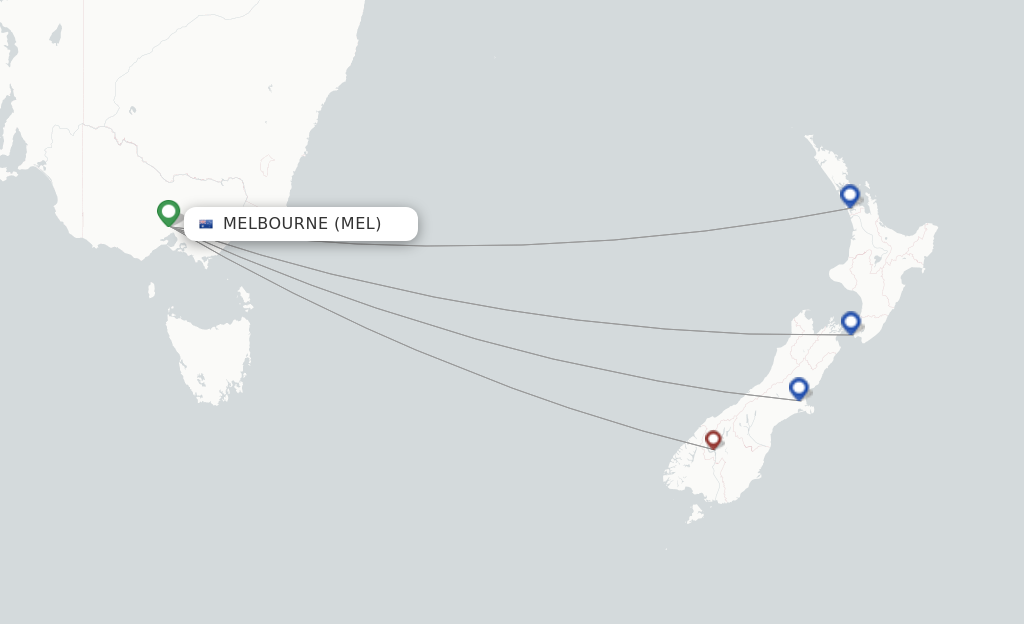 Route map with flights from Melbourne with Air New Zealand