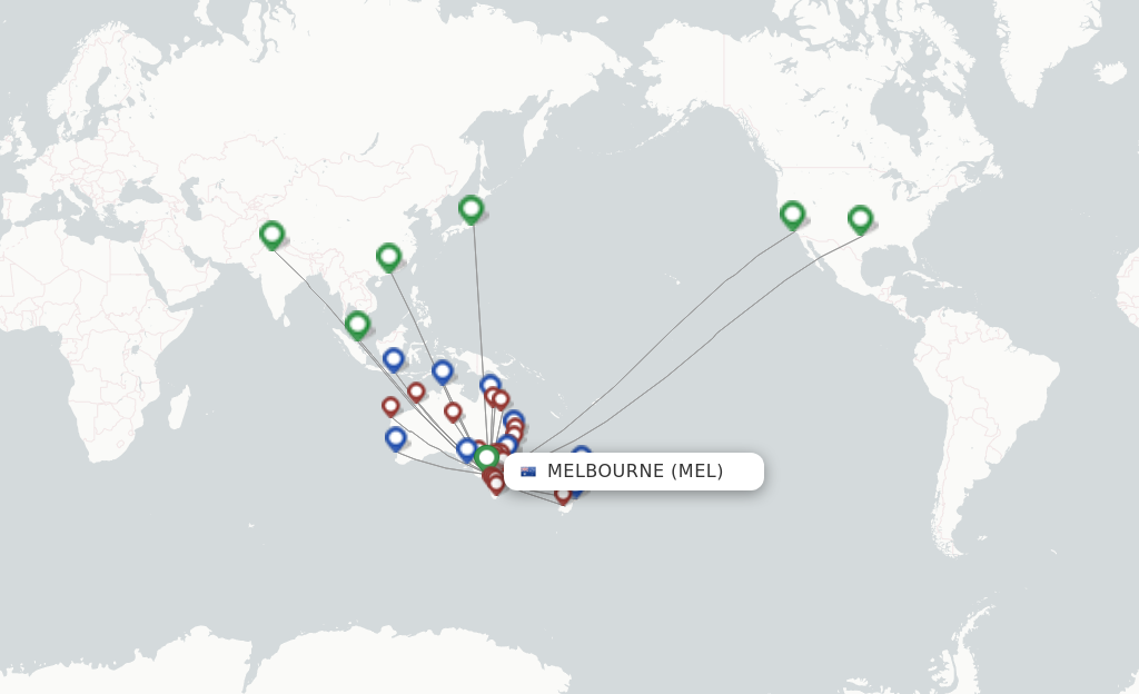 Route map with flights from Melbourne with Qantas