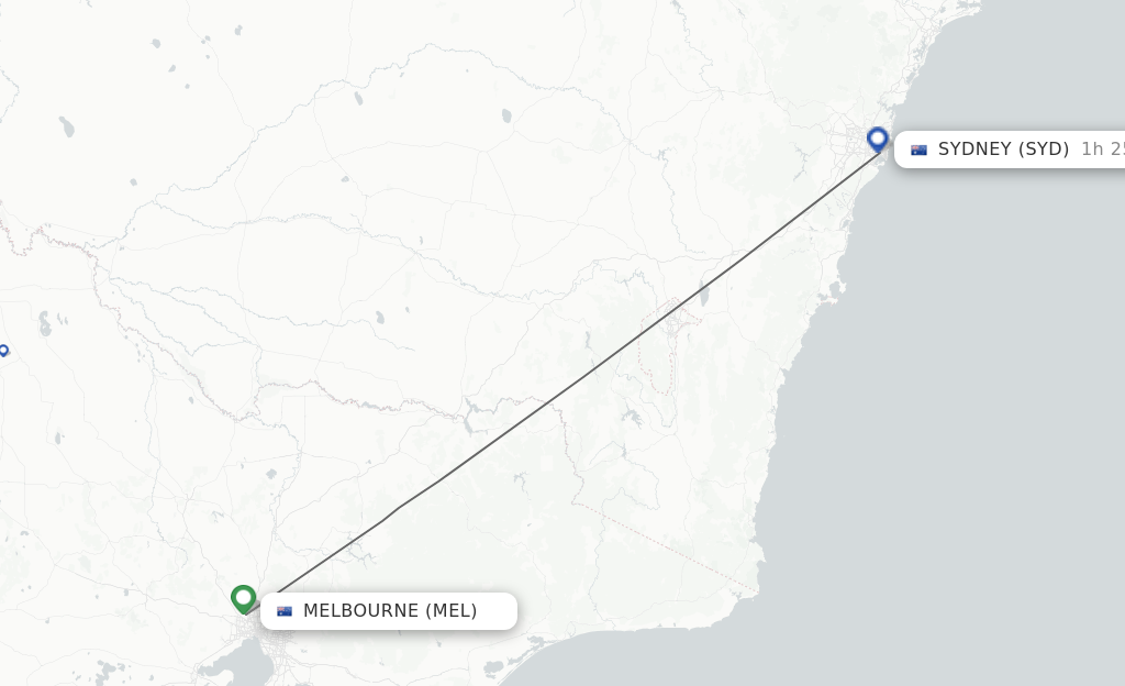 Flights from Melbourne to Sydney route map