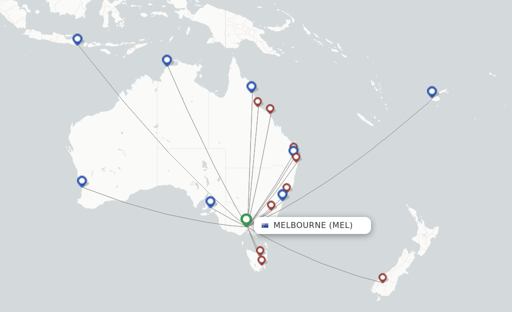 Route map with flights from Melbourne with Virgin Australia