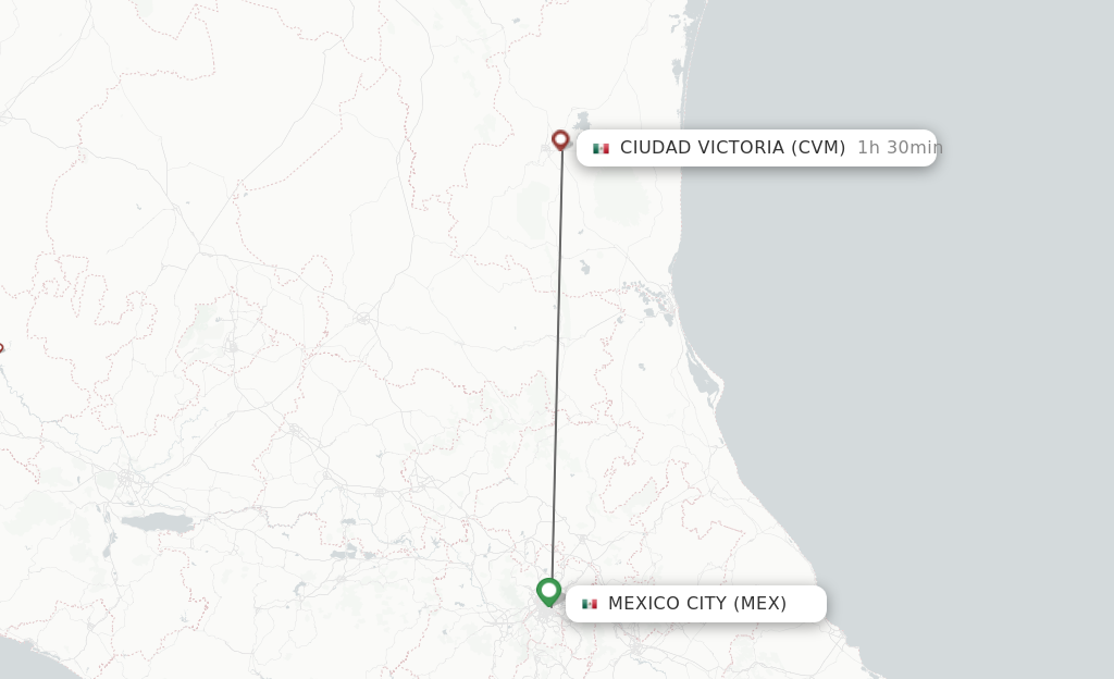 Flights from Mexico City to Ciudad Victoria route map