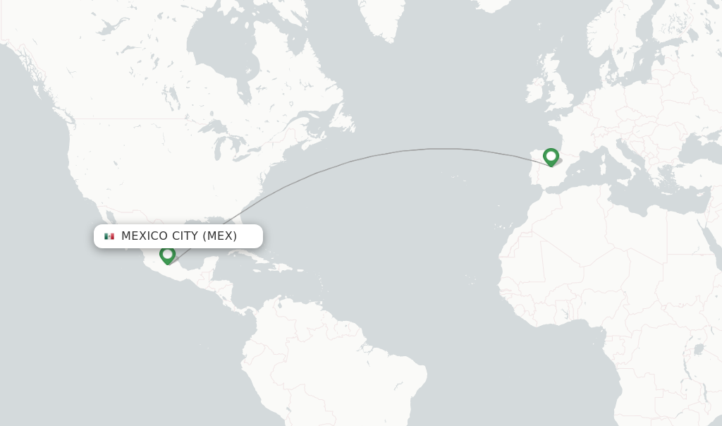 Route map with flights from Mexico City with Iberia