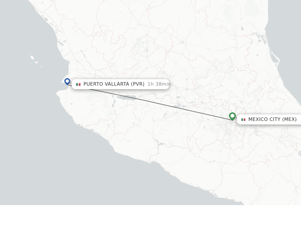 Flights from Mexico City to Puerto Vallarta route map