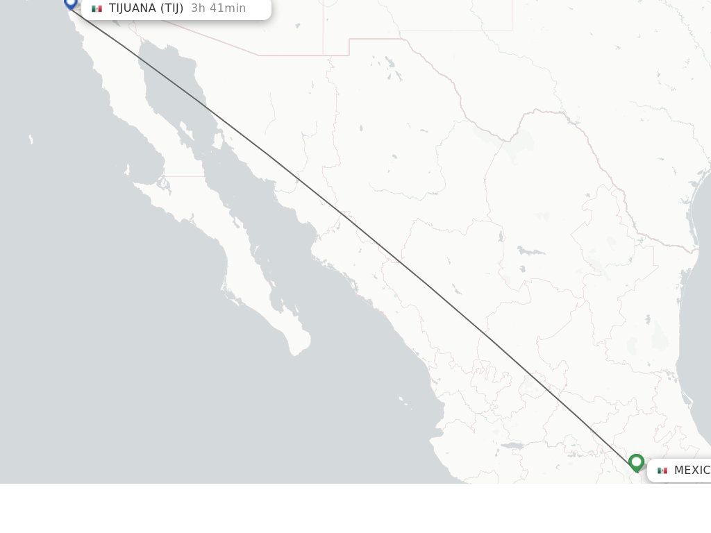 Flights from Mexico City to Tijuana route map