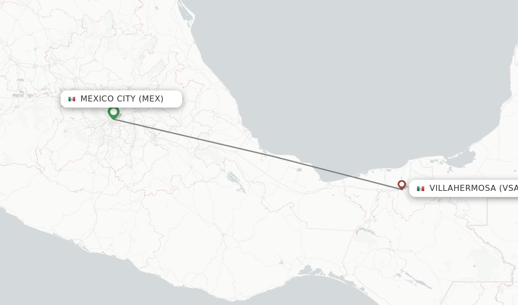 Flights from Mexico City to Villahermosa route map
