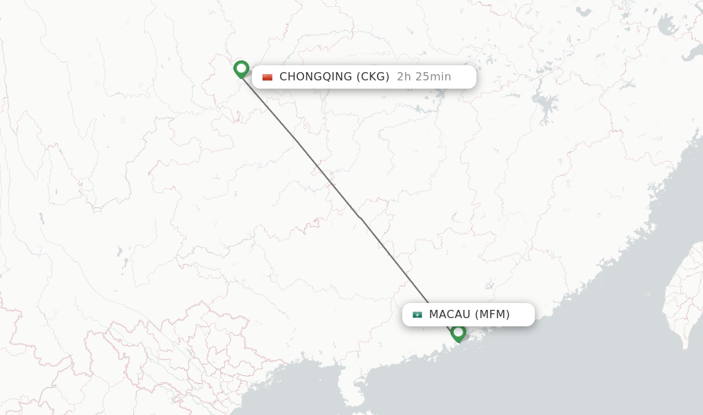 Flights from Macau to Chongqing route map