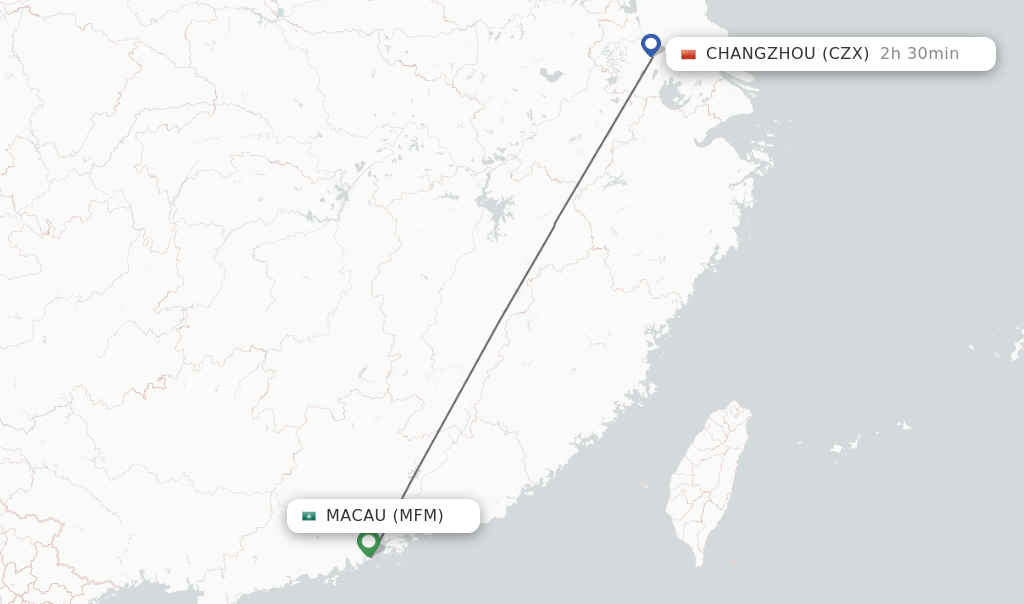 Flights from Macau to Changzhou route map