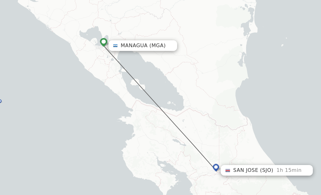 Flights from Managua to San Jose route map