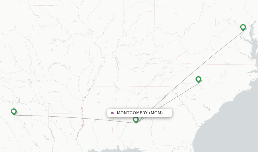 Route map with flights from Montgomery with American Airlines