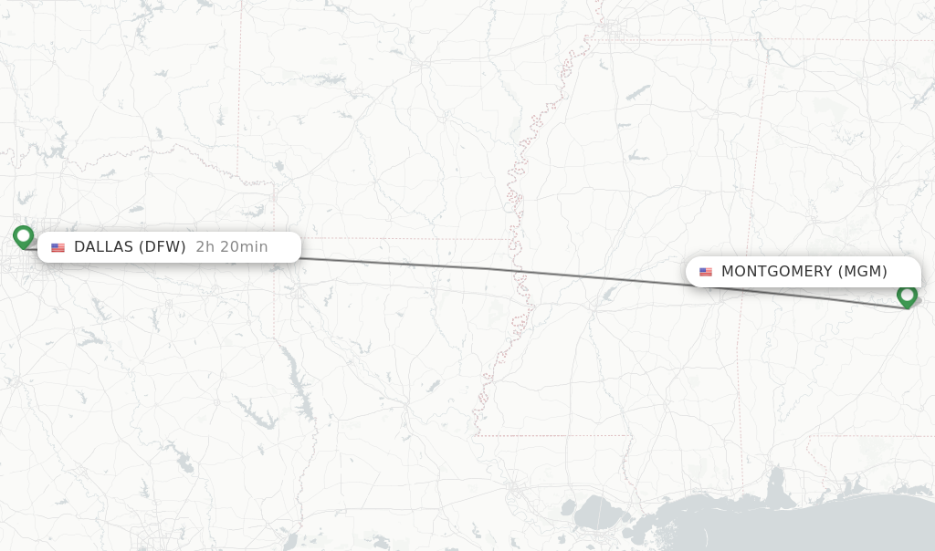Flights from Montgomery to Dallas route map