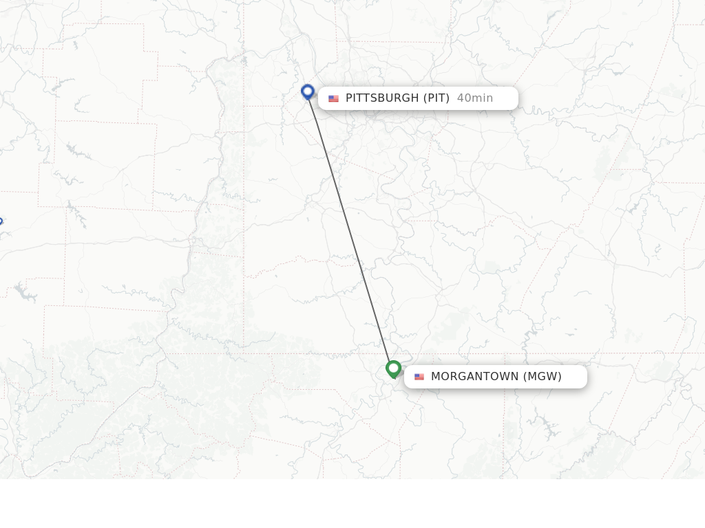 Flights from Morgantown to Pittsburgh route map