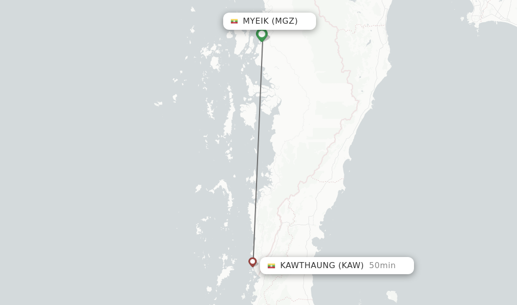 Flights from Myeik to Kawthaung route map